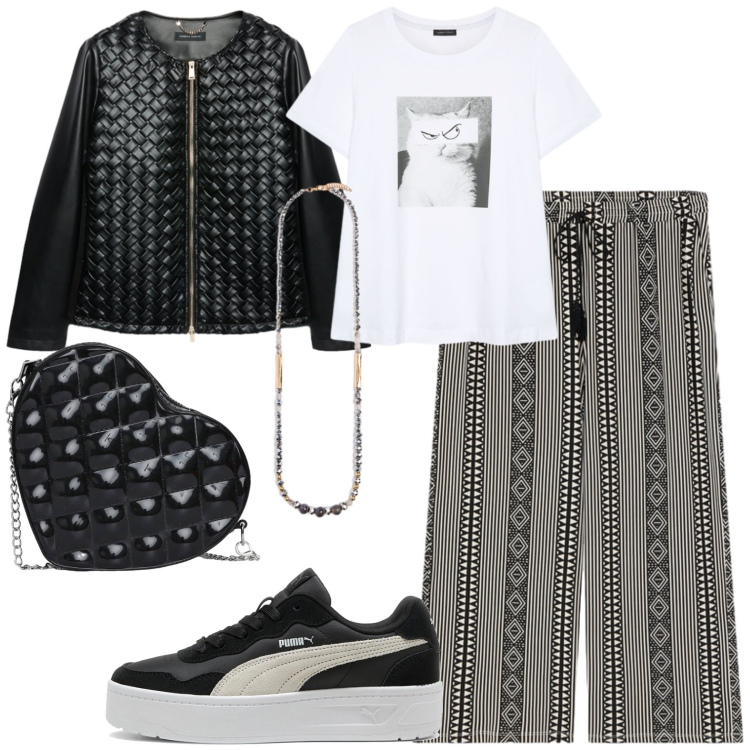 Outfit donna - Fall. Stile Casual per Tutti i giorni. Abbinamento con borse a tracolla, blazer, pantaloni a palazzo, t-shirt, collane, sneakers.