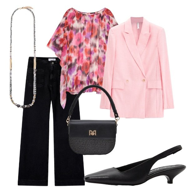 Outfit donna - A cena fuori. Stile Casual chic per Serata fuori. Abbinamento con décolleté, blazer, jeans, borse a spalla, tuniche, collane.