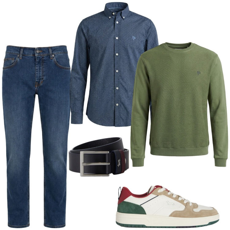 Outfit uomo - Blu denim abbinato al verde. Stile Casual per Tutti i giorni. Abbinamento con felpe, jeans, sneakers, camicie, cinture.