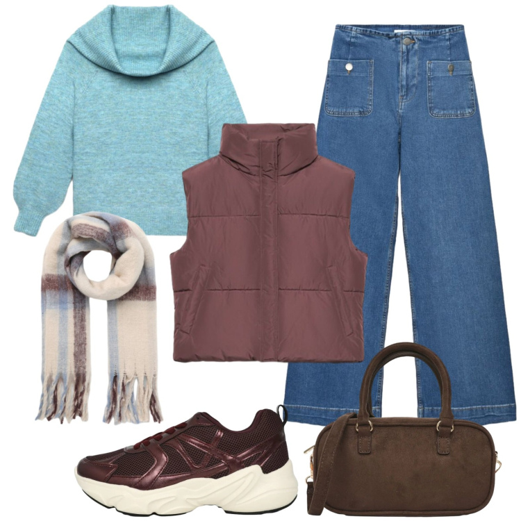 Outfit donna - Sporty. Stile Casual per Tutti i giorni. Abbinamento con jeans, sneakers, maglieria, borse a tracolla, sciarpe, piumini.