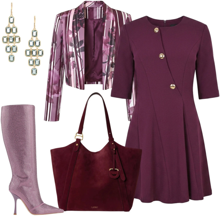 Outfit donna - Elengante per un evento. Stile Glamour per Serata fuori. Abbinamento con stivali, vestiti asimmetrici, blazer, orecchini, borse tote.