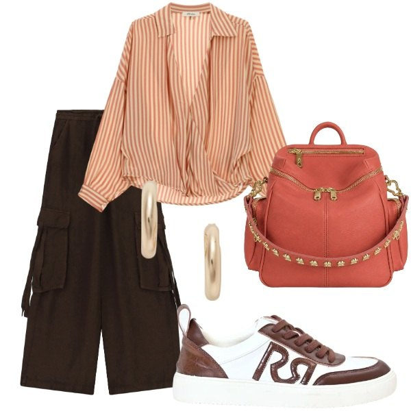 Outfit donna - Settembre. Stile Casual per Serata fuori. Abbinamento con camicie, pantaloni cargo, sneakers, zaini, orecchini.