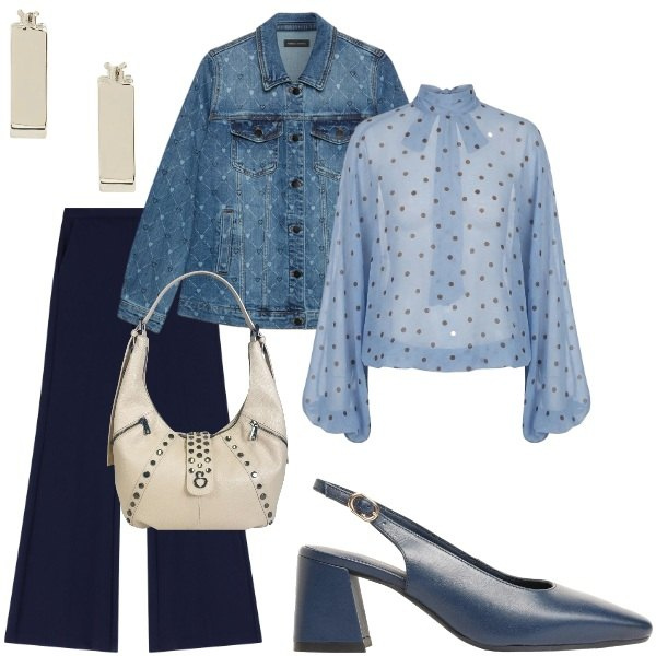 Outfit donna - Serate di settembre. Stile Casual per Tutti i giorni. Abbinamento con décolleté, pantaloni, cappotti, borse a spalla, bluse, orecchini.