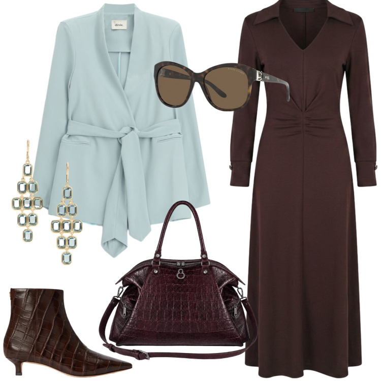 Outfit donna - Total look #2464519. Stile Chic per Tutti i giorni. Abbinamento con blazer, vestiti midi/longuette, shopping bag, orecchini, stivaletti, occhiali da sole.