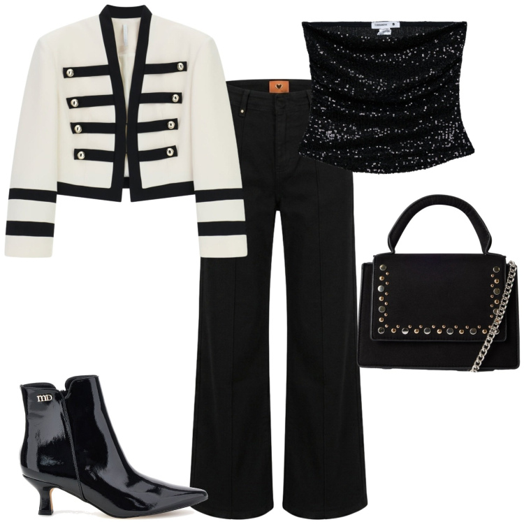 Outfit donna - Serata evento glamour. Stile Glamour per Serata fuori. Abbinamento con blazer, borse a tracolla, top, pantaloni, stivaletti.