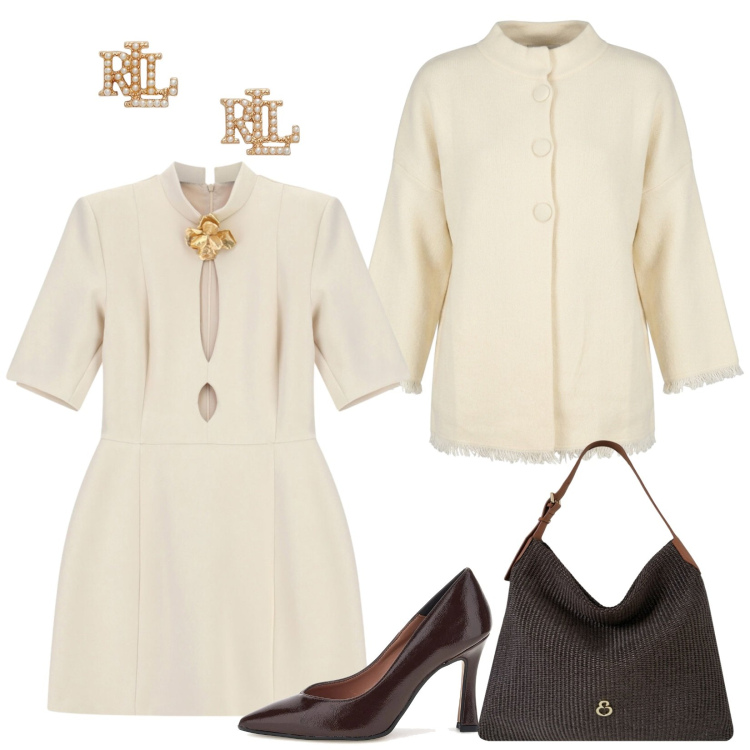 Outfit donna - Avorio e marrone a Settembre. Stile Chic per Cerimonia. Abbinamento con vestiti corti, borse a spalla, cardigans, orecchini, décolleté.