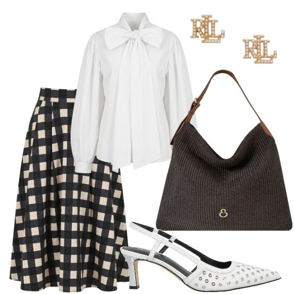 Outfit donna - Compleanno in villa. Stile Chic per Serata fuori. Abbinamento con décolleté, gonne longuette, camicie, borse a spalla, orecchini.