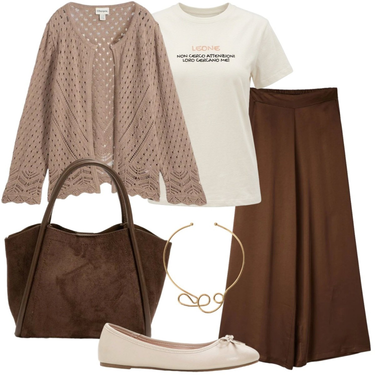 Outfit donna - Giornata sbrigativa. Stile Casual per Tutti i giorni. Abbinamento con ballerine, cardigans, collane, pantaloni, t-shirt, borse a spalla.
