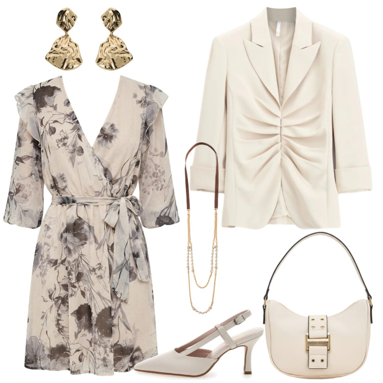 Outfit donna - Blazer avorio, accessori coordinati. Stile Bon Ton per Cerimonia. Abbinamento con blazer, orecchini, vestiti corti, collane, décolleté, borse a tracolla.