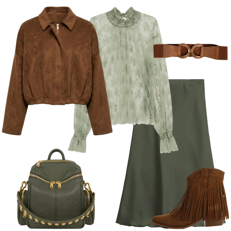 Outfit donna - Total look #2464537. Stile Romantica per Tutti i giorni. Abbinamento con bluse, stivaletti texani, gonne longuette, zaini, cinture, blazer.