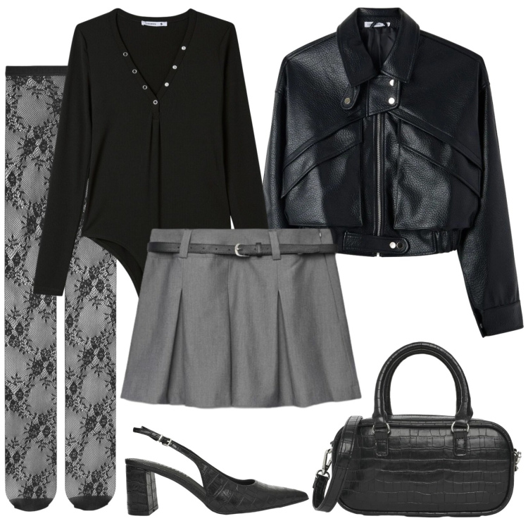 Outfit donna - Il giubbino nero anni \'90. Stile Urban per Serata fuori. Abbinamento con bomber, minigonne, décolleté, borse a tracolla, collant, body.