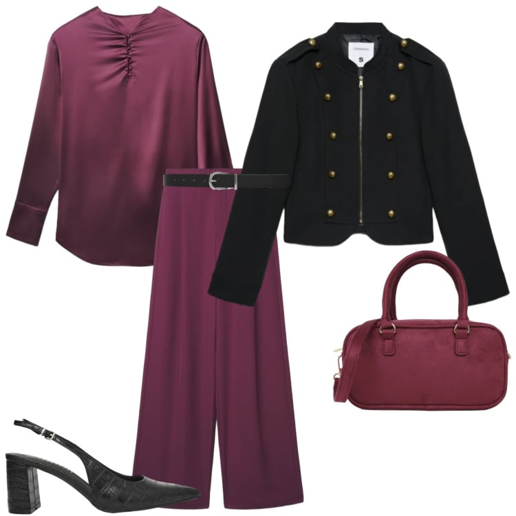 Outfit donna - Reality is calling. Stile Casual chic per Tutti i giorni. Abbinamento con blazer, borse a tracolla, décolleté, cinture, bluse, pantaloni a palazzo.