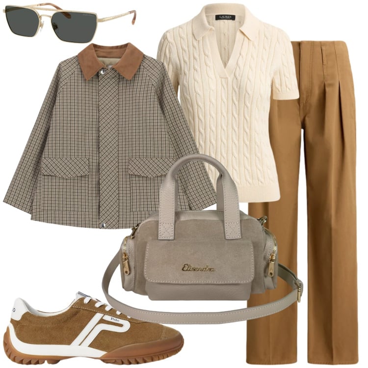 Outfit donna - Autunno. Stile Casual per Tutti i giorni. Abbinamento con cappotti, borse a mano, pantaloni, sneakers, occhiali da sole, polo.
