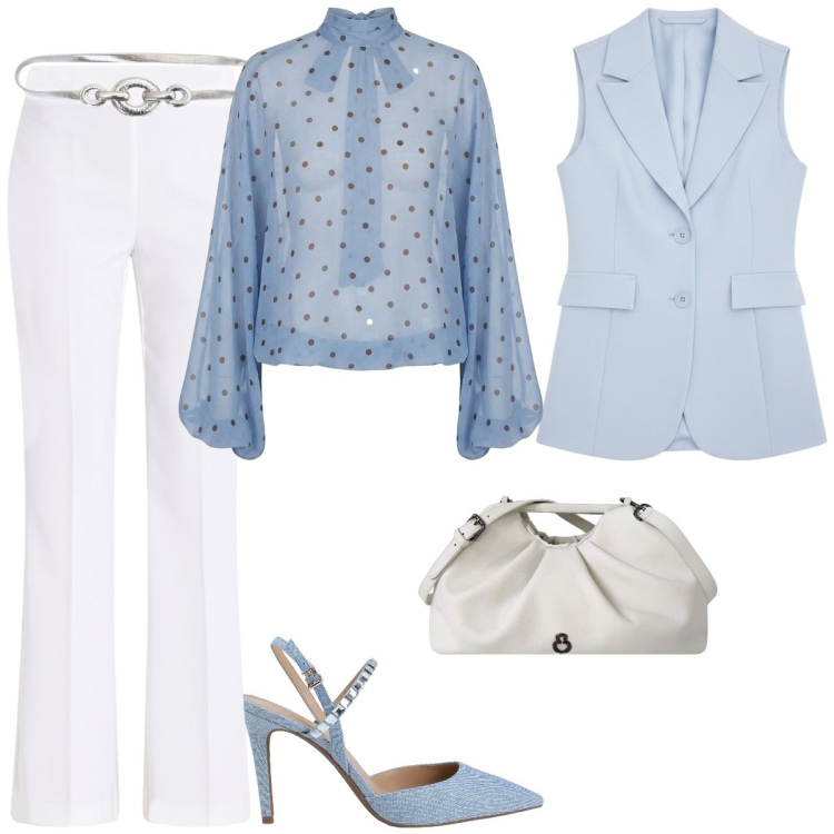 Outfit donna - Blusa a pois. Stile Chic per Tutti i giorni. Abbinamento con décolleté, pantaloni, cinture, gilet, clutch, bluse.