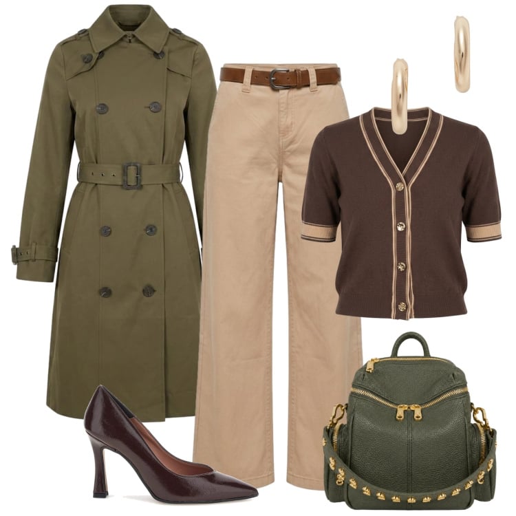 Outfit donna - Autunno mix & match. Stile Casual chic per Tutti i giorni. Abbinamento con zaini, cardigans, pantaloni, trench, orecchini, décolleté.