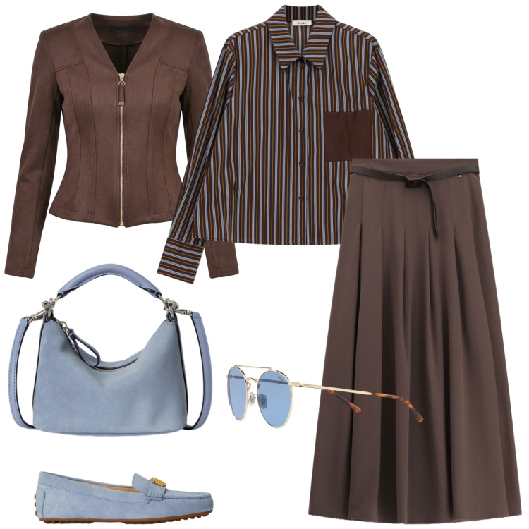 Outfit donna - Total look #2464548. Stile Casual chic per Ufficio. Abbinamento con camicie, gonne lunghe, blazer, mocassini, borse a spalla, occhiali da sole.
