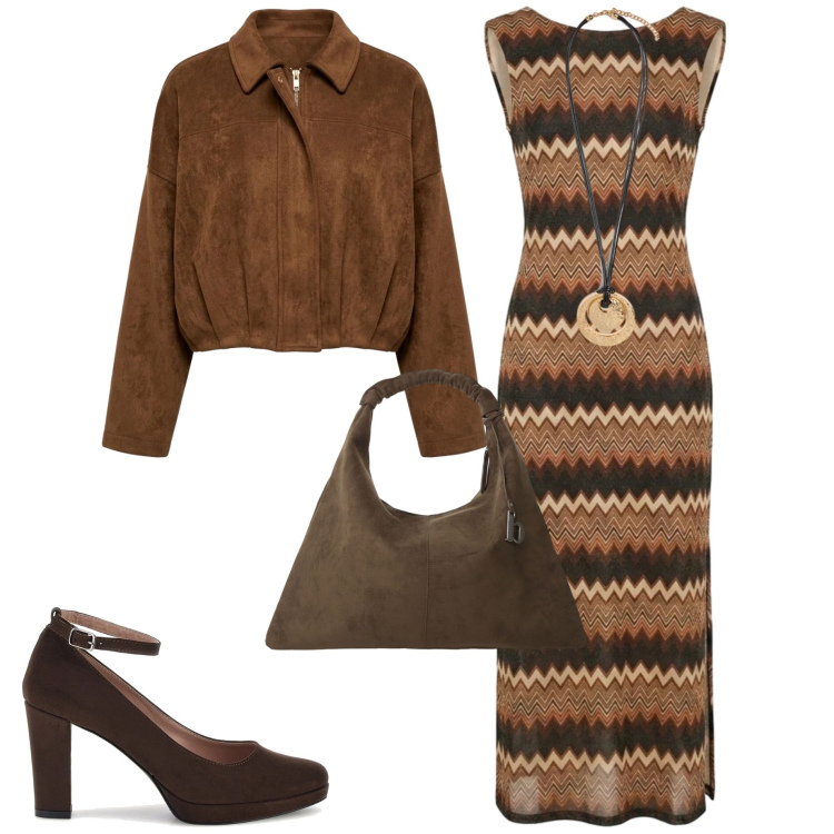 Outfit donna - Fall collection. Stile Casual chic per Serata fuori. Abbinamento con borse a spalla, ciondoli, vestiti lunghi, blazer, décolleté.
