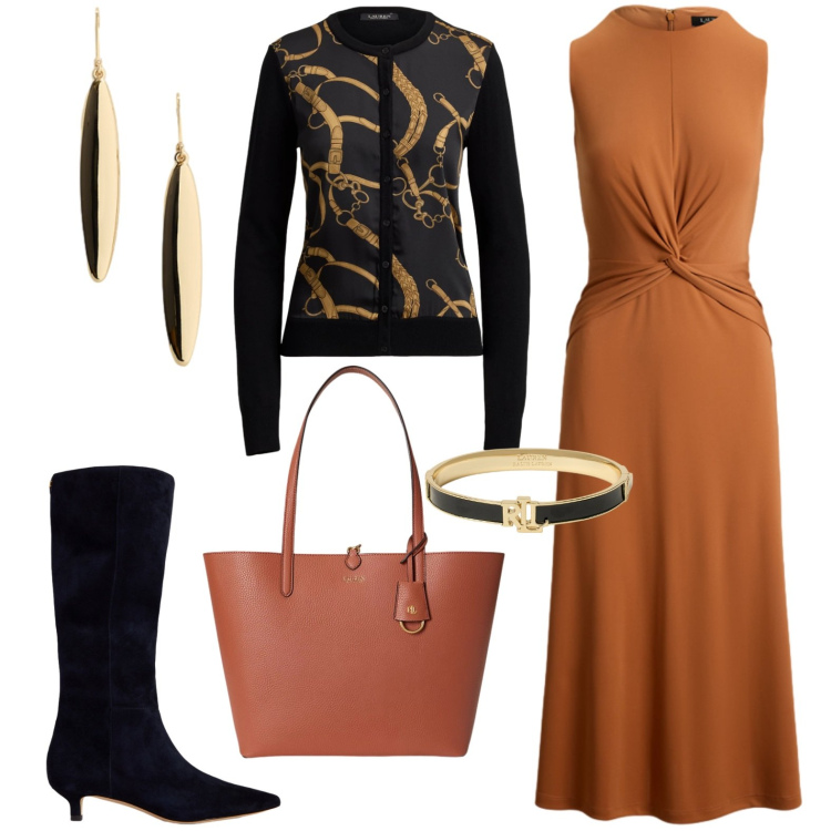 Outfit donna - Autunno chic. Stile Chic per Serata fuori. Abbinamento con vestiti senza maniche, cardigans, braccialetti, orecchini, borse tote, stivali.