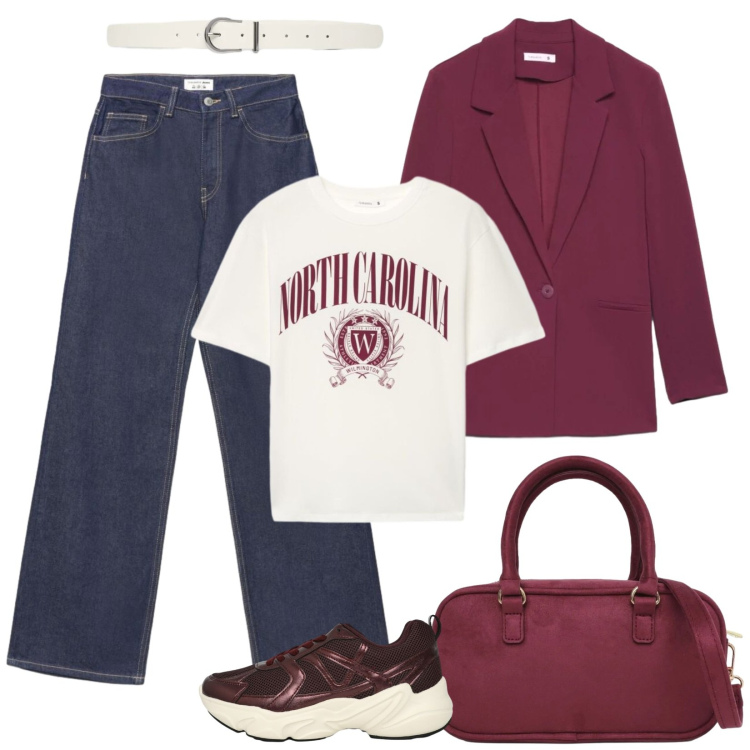 Outfit donna - Jeans e bordeaux. Stile Urban per Tutti i giorni. Abbinamento con jeans, blazer, borse a tracolla, sneakers, t-shirt, cinture.