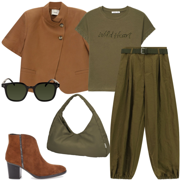 Outfit donna - Total look #2464554. Stile Military per Tutti i giorni. Abbinamento con pantaloni, blazer, t-shirt, occhiali da sole, borse a spalla, stivaletti.