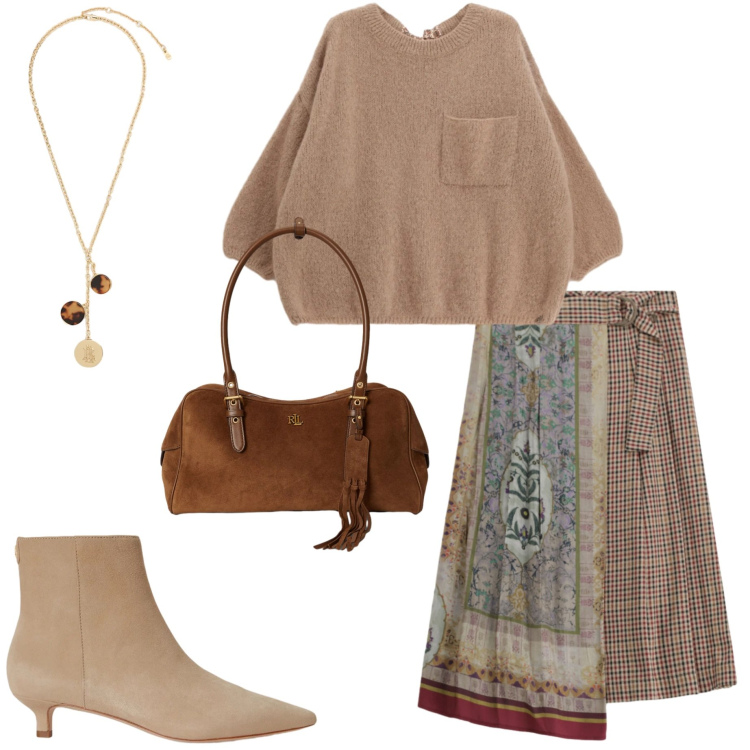 Outfit donna - Fall collection. Stile Casual chic per Serata fuori. Abbinamento con gonne longuette, pullovers, borse a spalla, stivaletti, collane.