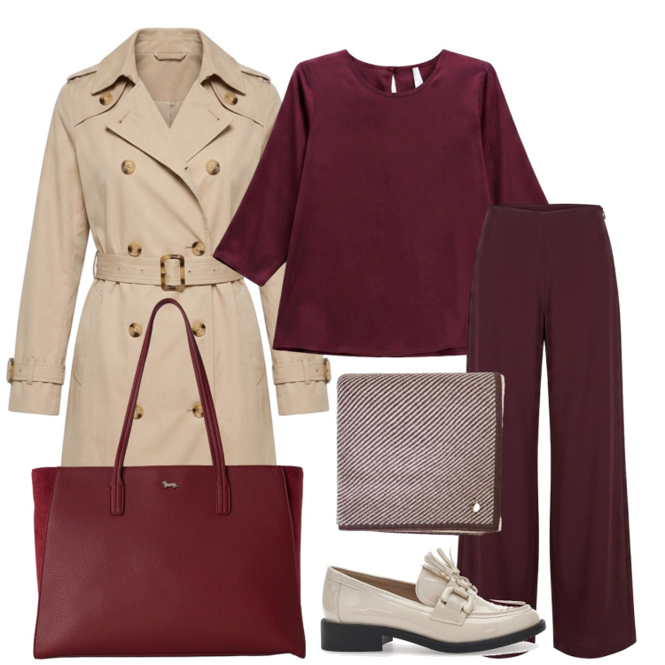 Outfit donna - Total look #2464559. Stile Casual chic per Ufficio. Abbinamento con shopping bag, bluse, sciarpe, trench, pantaloni a palazzo, mocassini.
