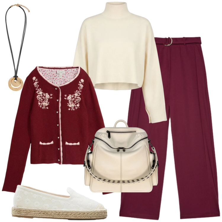 Outfit donna - Fall. Stile Casual per Tutti i giorni. Abbinamento con cardigans, espadrillas, pantaloni a palazzo, ciondoli, zaini, maglieria.