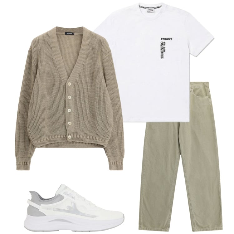 Outfit uomo - Casual a settembre. Stile Casual per Tutti i giorni. Abbinamento con pantaloni, cardigans, sneakers, t-shirt.