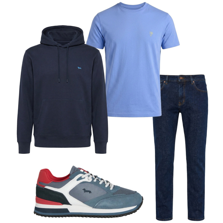 Outfit uomo - Casual a settembre. Stile Casual per Tutti i giorni. Abbinamento con jeans, felpe con cappuccio, sneakers, t-shirt.