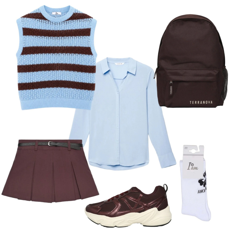 Outfit donna - Back to School. Stile Preppy per Scuola/Università. Abbinamento con sneakers, minigonne, camicie, zaini, calzini, canottiere.