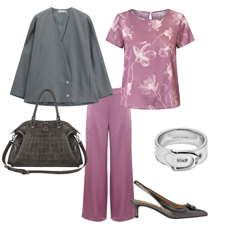 Outfit donna - Back to Office in Pink. Stile Casual chic per Ufficio. Abbinamento con pantaloni a palazzo, t-shirt, blazer, shopping bag, anelli, décolleté.