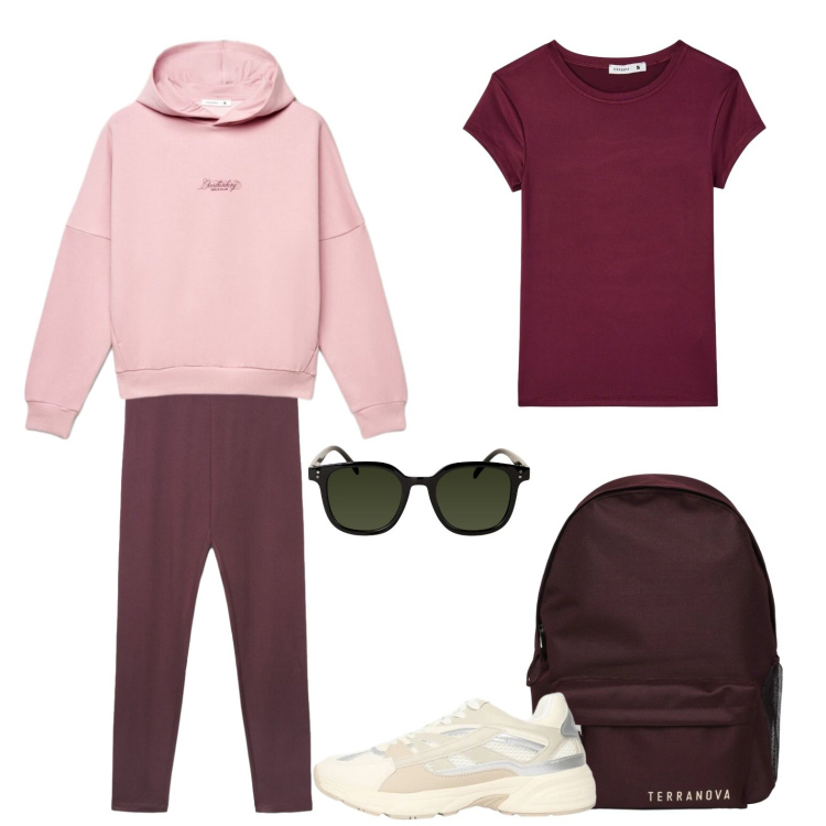 Outfit donna - Sporty Chic in rosa e bordeaux. Stile Sporty chic per Scuola/Università. Abbinamento con felpe con cappuccio, t-shirt, zaini, sneakers, leggings, occhiali da sole.