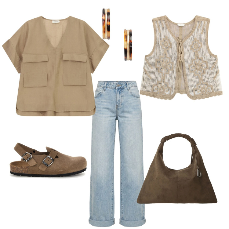 Outfit donna - Boho denim. Stile Boho per Tutti i giorni. Abbinamento con gilet, borse a spalla, bluse, jeans, orecchini, sabot.