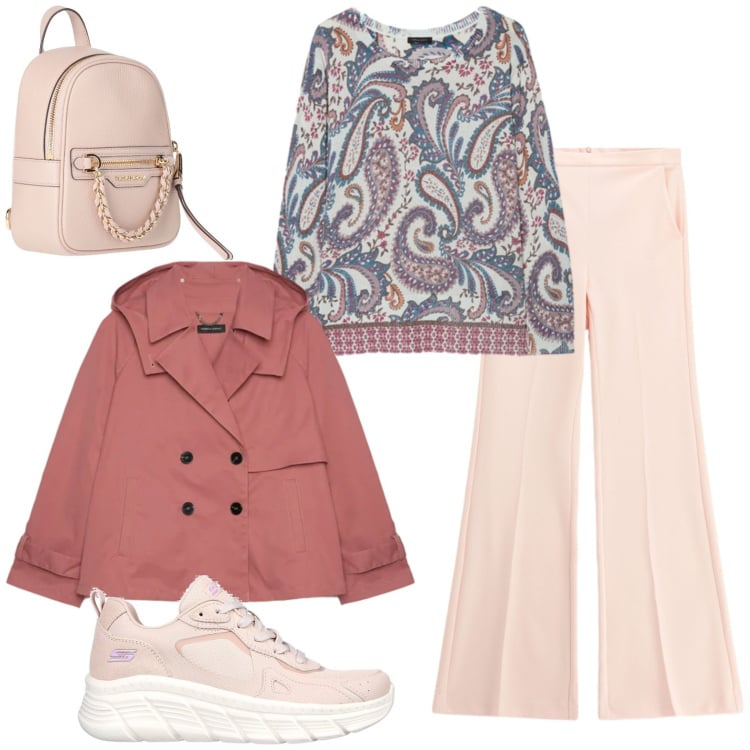 Outfit donna - Sporty chic. Stile Sporty chic per Tutti i giorni. Abbinamento con zaini, pantaloni, trench, maglieria, sneakers.