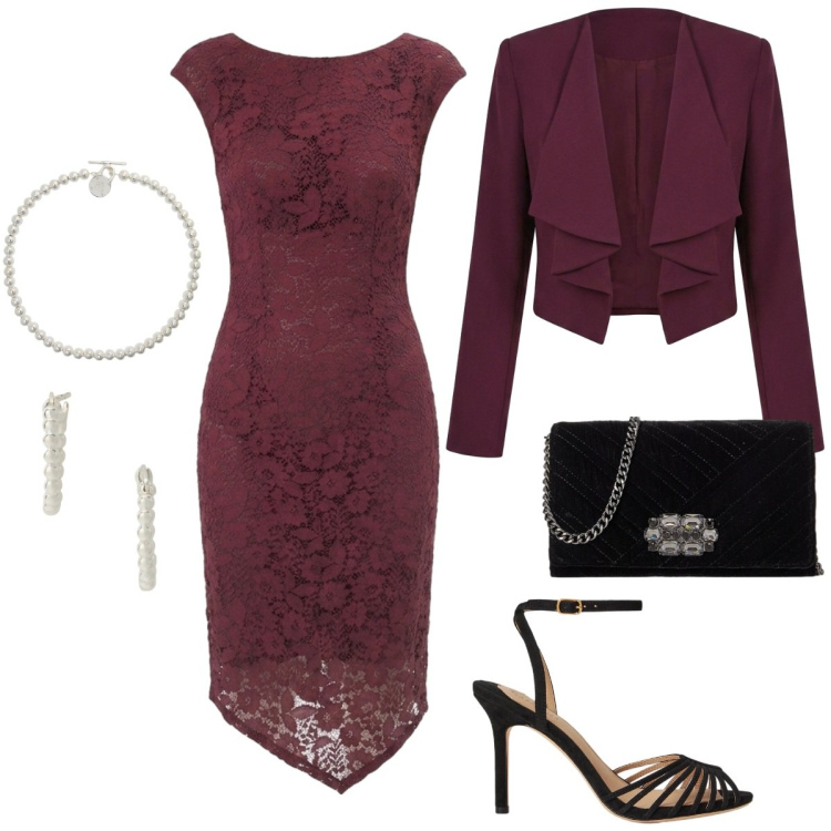 Outfit donna - Total look #2464579. Stile Chic per Serata fuori. Abbinamento con blazer, vestiti asimmetrici, orecchini, collane, sandali col tacco, borse a tracolla.