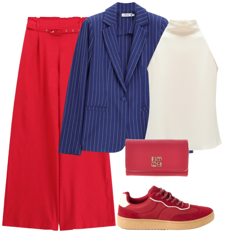 Outfit donna - Office chic. Stile Chic per Ufficio. Abbinamento con sneakers, pantaloni a palazzo, canottiere, blazer, portafogli.
