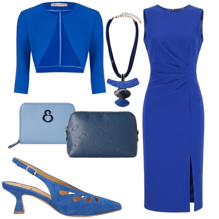 Outfit donna - Elegante. Stile Chic per Serata fuori. Abbinamento con décolleté, pochette, vestiti midi/longuette, blazer, ciondoli, portafogli.