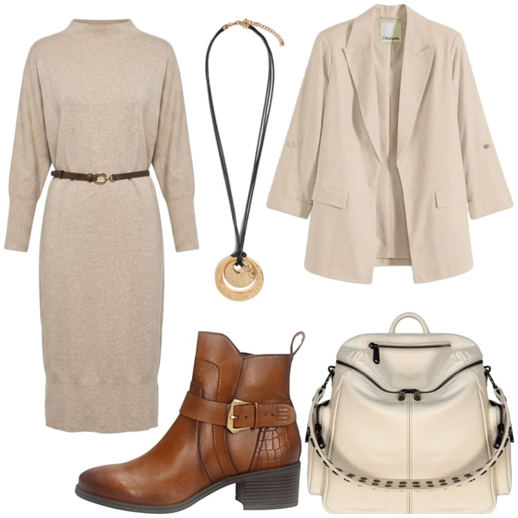 Outfit donna - Fall Collections. Stile Casual per Tutti i giorni. Abbinamento con blazer, ciondoli, zaini, vestiti midi/longuette, stivaletti.