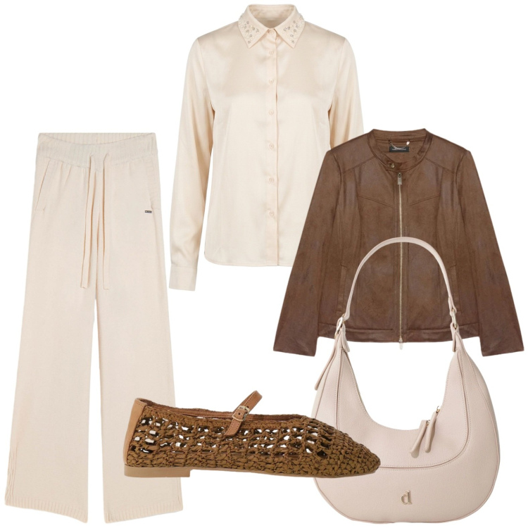 Outfit donna - Avorio a settembre. Stile Casual per Tutti i giorni. Abbinamento con borse a tracolla, ballerine, pantaloni, blazer, camicie.