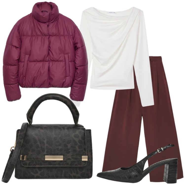 Outfit donna - Reality is calling. Stile Casual per Tutti i giorni. Abbinamento con décolleté, borse a tracolla, pantaloni a palazzo, t-shirt, piumini.