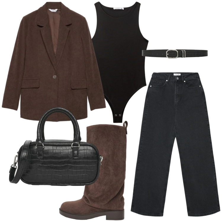 Outfit donna - Reality is calling. Stile Casual per Tutti i giorni. Abbinamento con top, jeans, borse a tracolla, cinture, blazer, stivali.