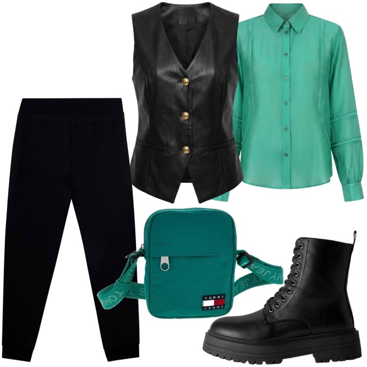 Outfit donna - Anfibi glam. Stile Trendy per Tutti i giorni. Abbinamento con anfibi, camicie, pantaloni, gilet, borse a spalla.