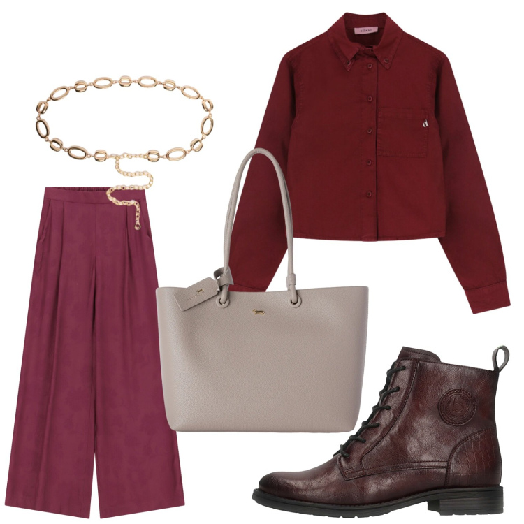 Outfit donna - Wine raffinato. Stile Glamour per Tutti i giorni. Abbinamento con shopping bag, pantaloni a palazzo, camicie, cinture, anfibi.