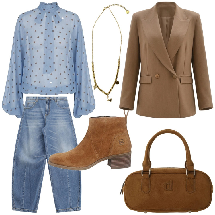 Outfit donna - Stile country. Stile Basic per Tutti i giorni. Abbinamento con borse a mano, jeans, blazer, ciondoli, bluse, stivaletti.