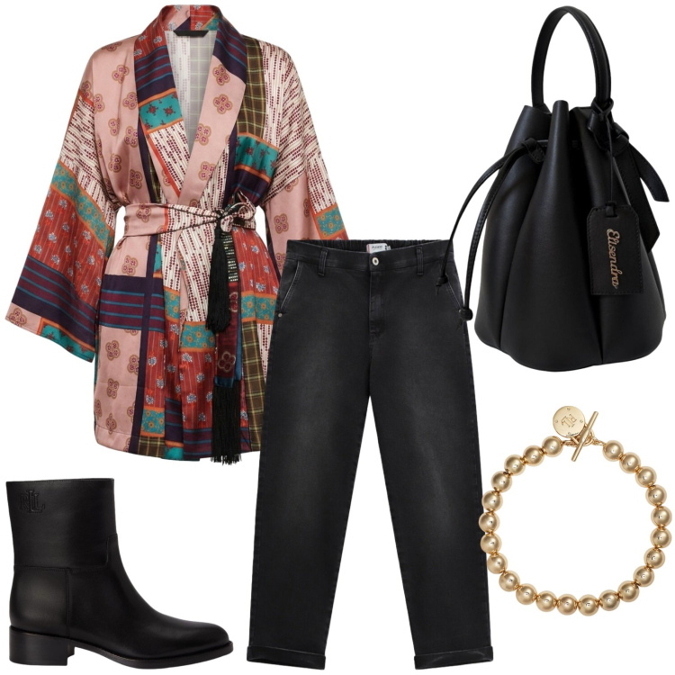 Outfit donna - Fantasia colorata. Stile Basic per Tutti i giorni. Abbinamento con kimono, jeans, borse a secchiello, braccialetti, stivaletti.