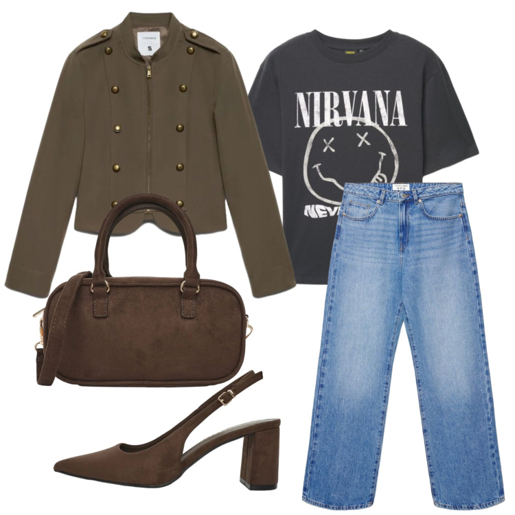 Outfit donna - Settembre. Stile Casual chic per Tutti i giorni. Abbinamento con blazer, borse a tracolla, jeans dritti, décolleté, t-shirt.