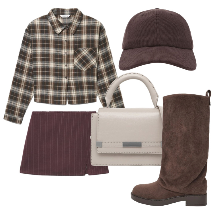 Outfit donna - Settembre. Stile Urban per Tutti i giorni. Abbinamento con borse a tracolla, minigonne, stivali, camicie, cappelli con visiera.