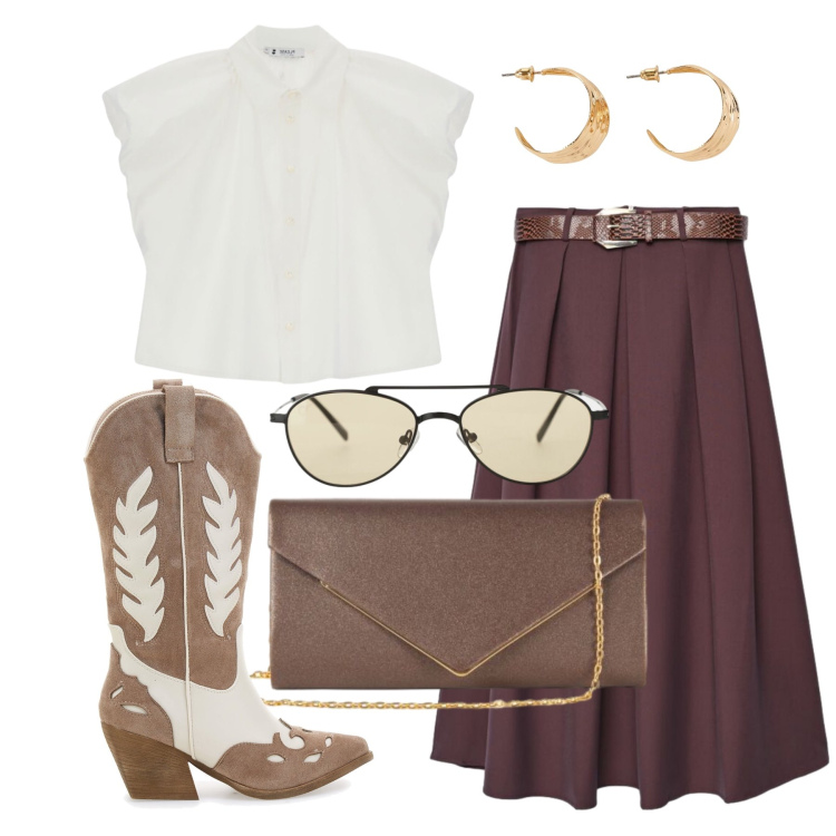 Outfit donna - Settembre. Stile Trendy per Tutti i giorni. Abbinamento con orecchini, occhiali da sole, gonne lunghe, clutch, camicie a manica corta, stivaletti texani.