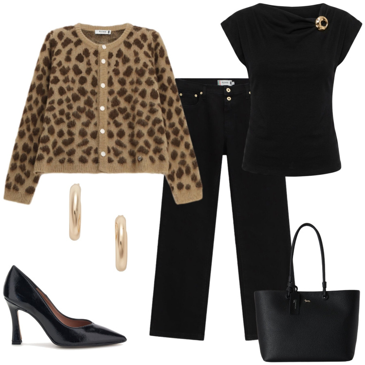 Outfit donna - Total look #2464627. Stile Casual chic per Serata fuori. Abbinamento con shopping bag, cardigans, pantaloni, t-shirt, orecchini, décolleté.