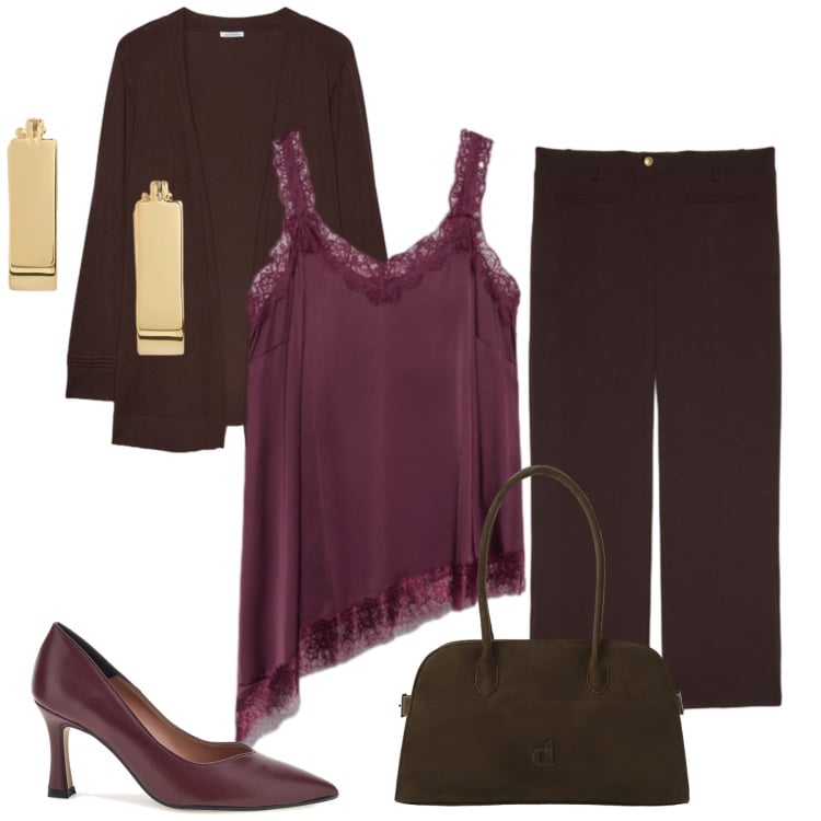 Outfit donna - Total look #2464628. Stile Casual chic per Serata fuori. Abbinamento con borse a spalla, top, pantaloni, cardigans, orecchini, décolleté.